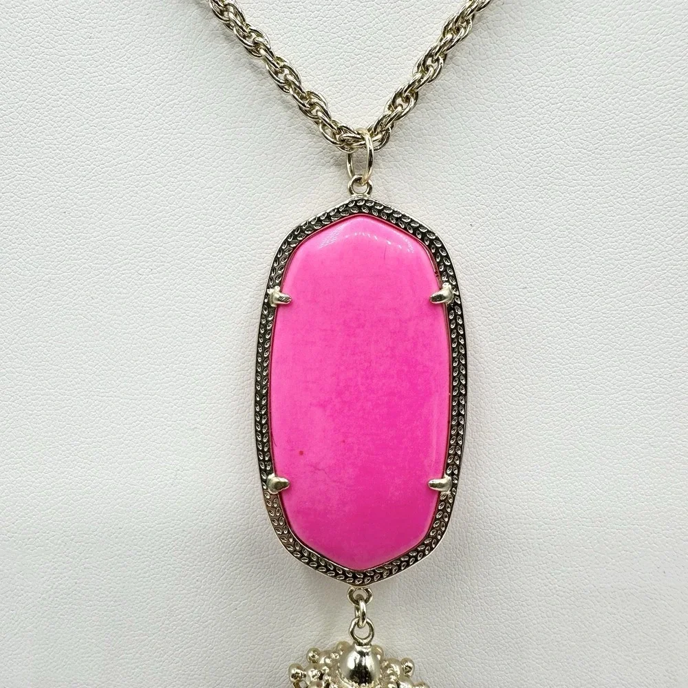 Kendra Scott Rayne Necklace Hot Pink Neon Tassel Pendant Long Goldtone Chain